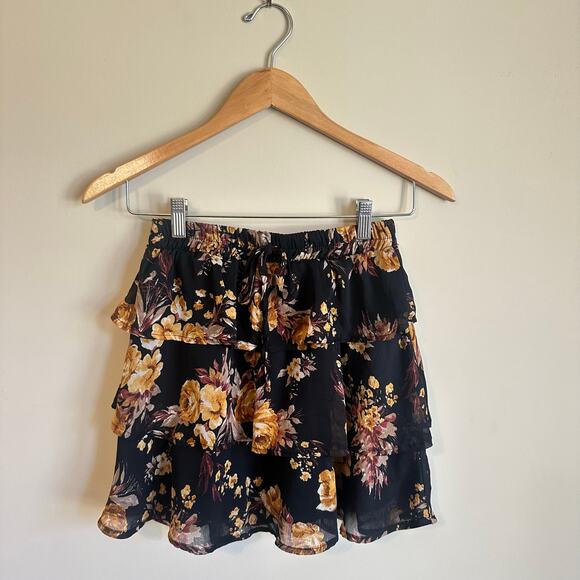 Floral‎ Ruffle Mini Skirt Black Boho Cottagecore Layered XS - Picture 1 of 6